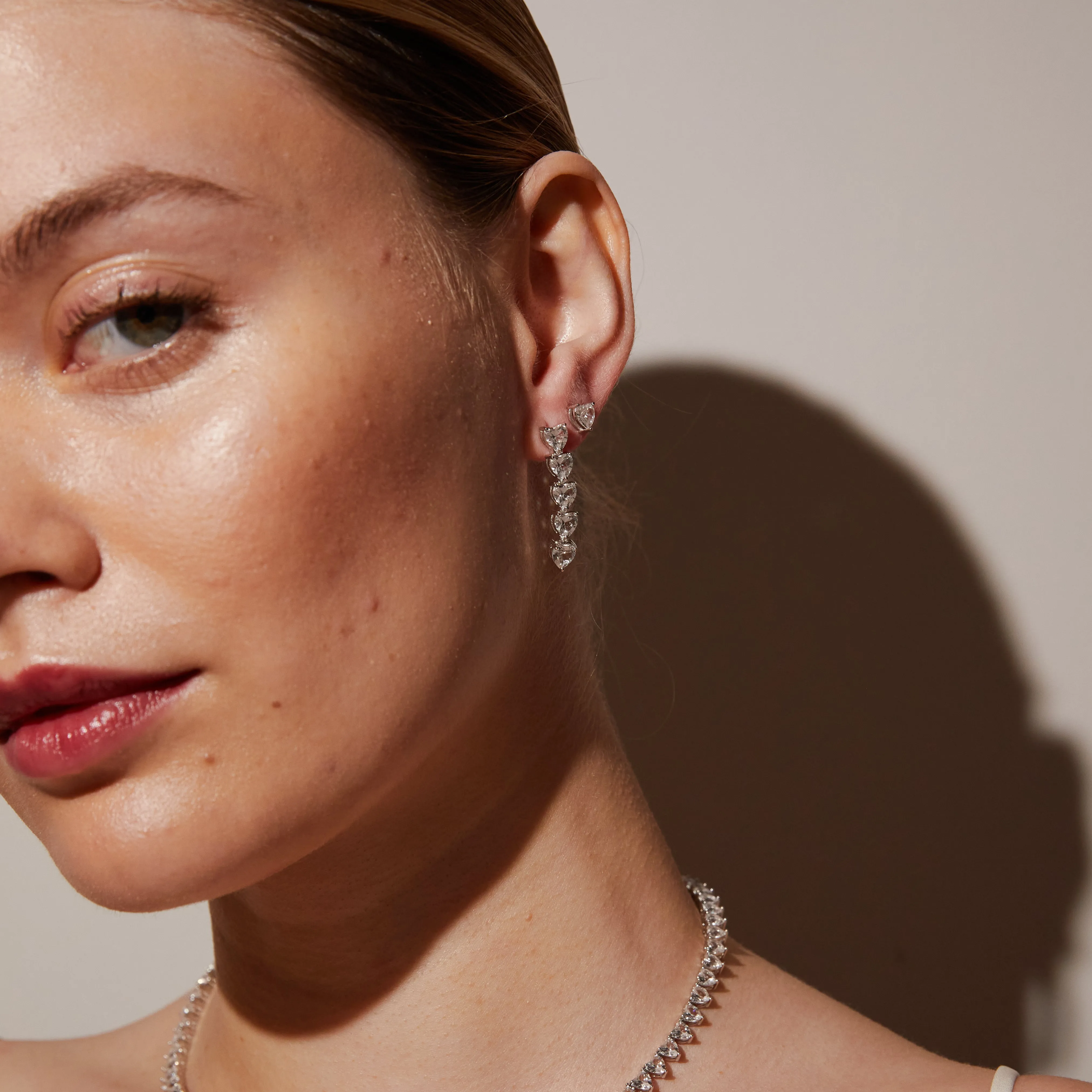 Lab Grown White Sapphire Heart Tennis Earrings sold by Aurate product image thumbnail 5