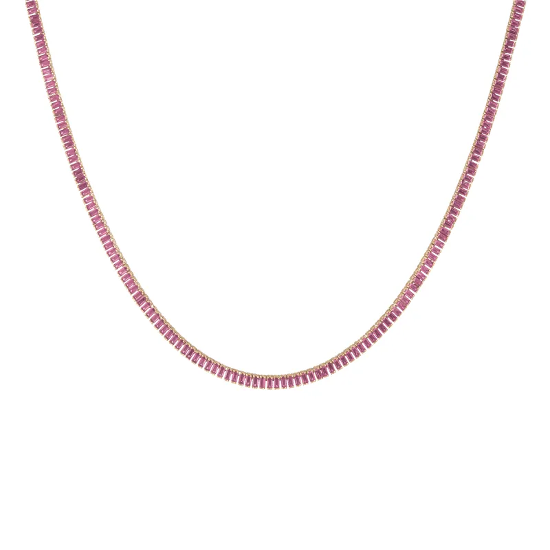 Lab Grown Pink Sapphire Baguette Tennis Necklace sold by Aurate