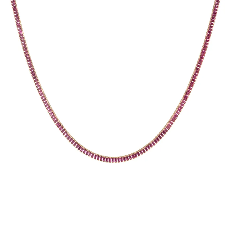 Lab Grown Red Ruby Baguette Tennis Necklace sold by Aurate