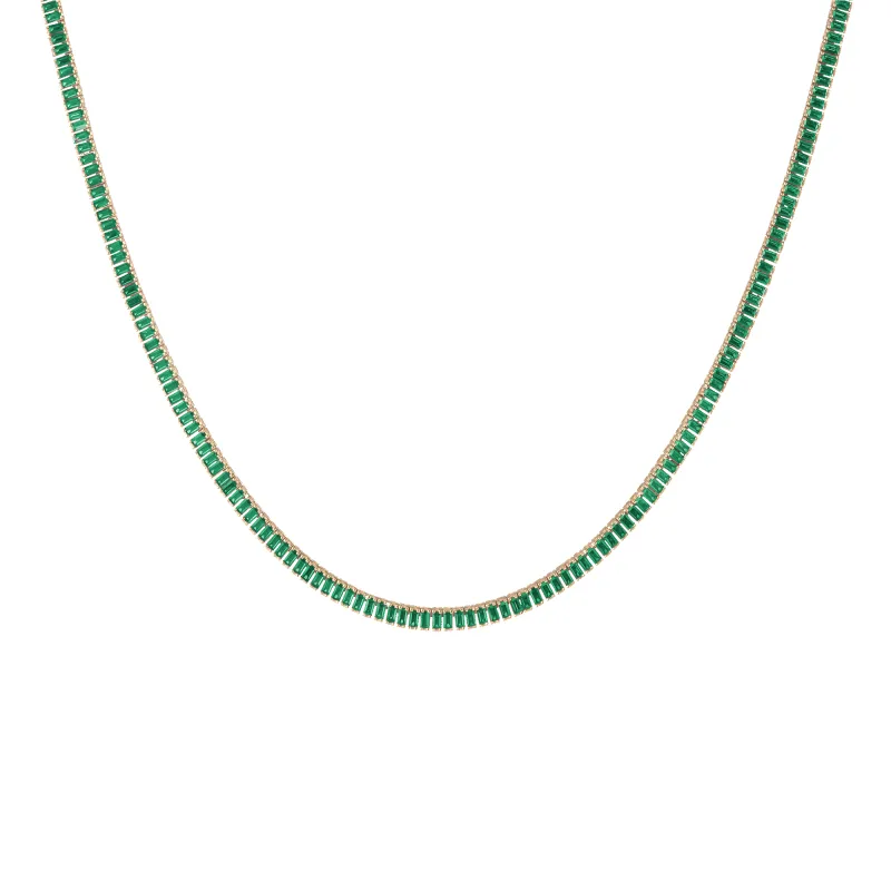 Lab Grown Green Emerald Baguette Tennis Necklace sold by Aurate