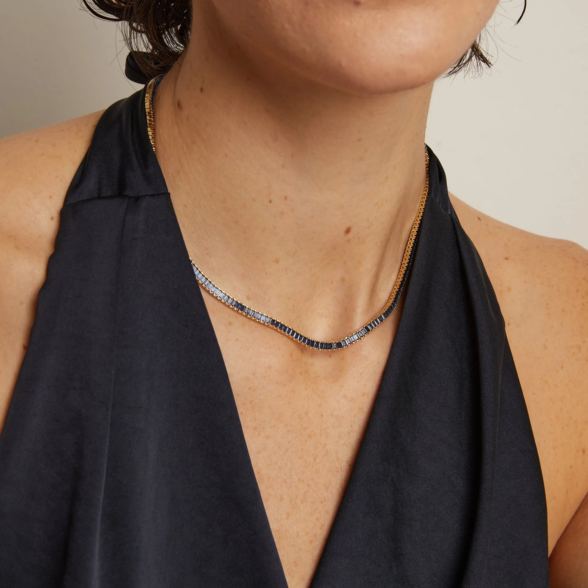 Lab Grown Blue Sapphire Baguette Tennis Necklace sold by Aurate product image thumbnail 4