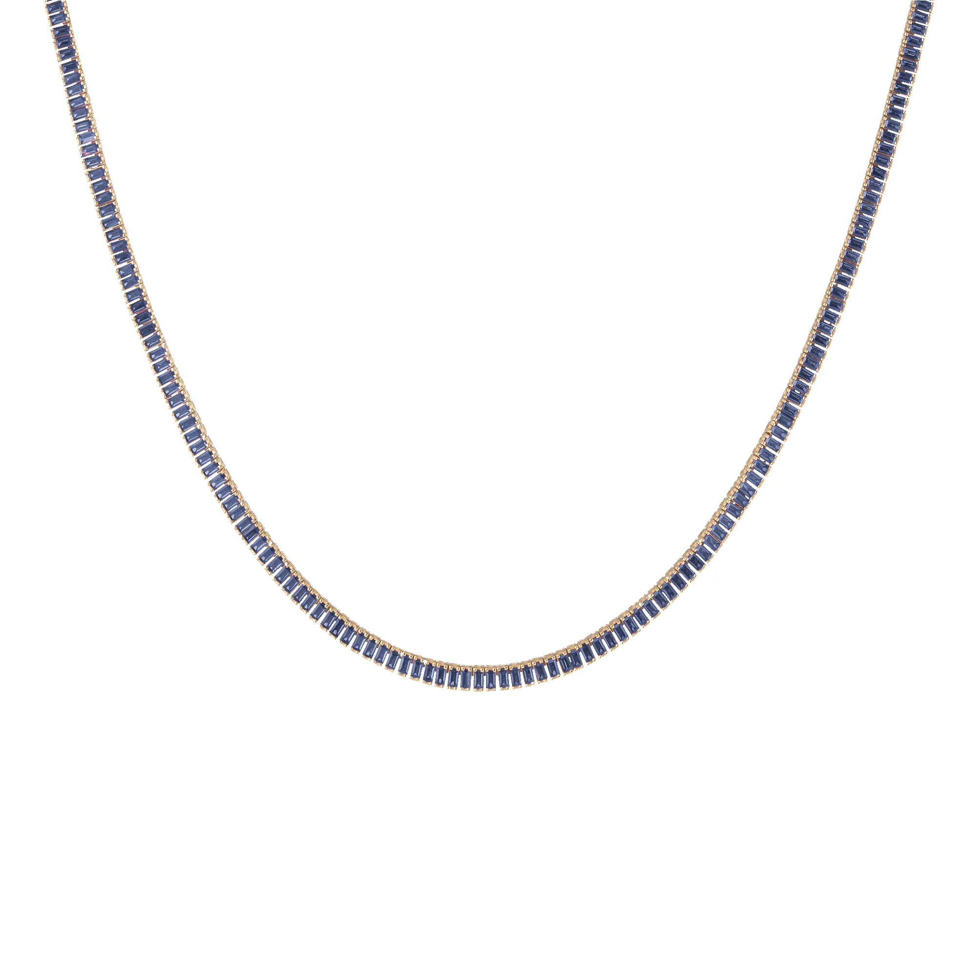 Lab Grown Blue Sapphire Baguette Tennis Necklace sold by Aurate