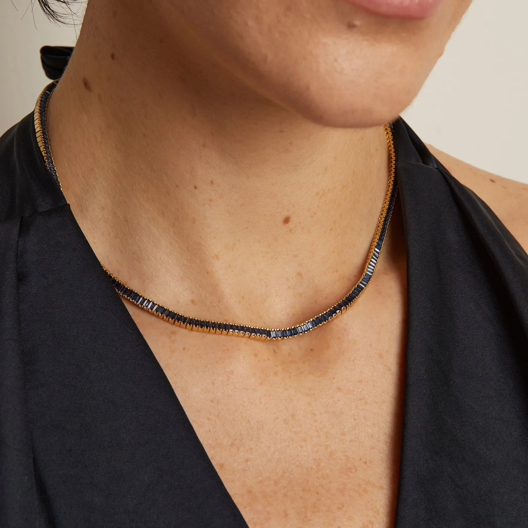 Lab Grown Blue Sapphire Baguette Tennis Necklace sold by Aurate product image thumbnail 3