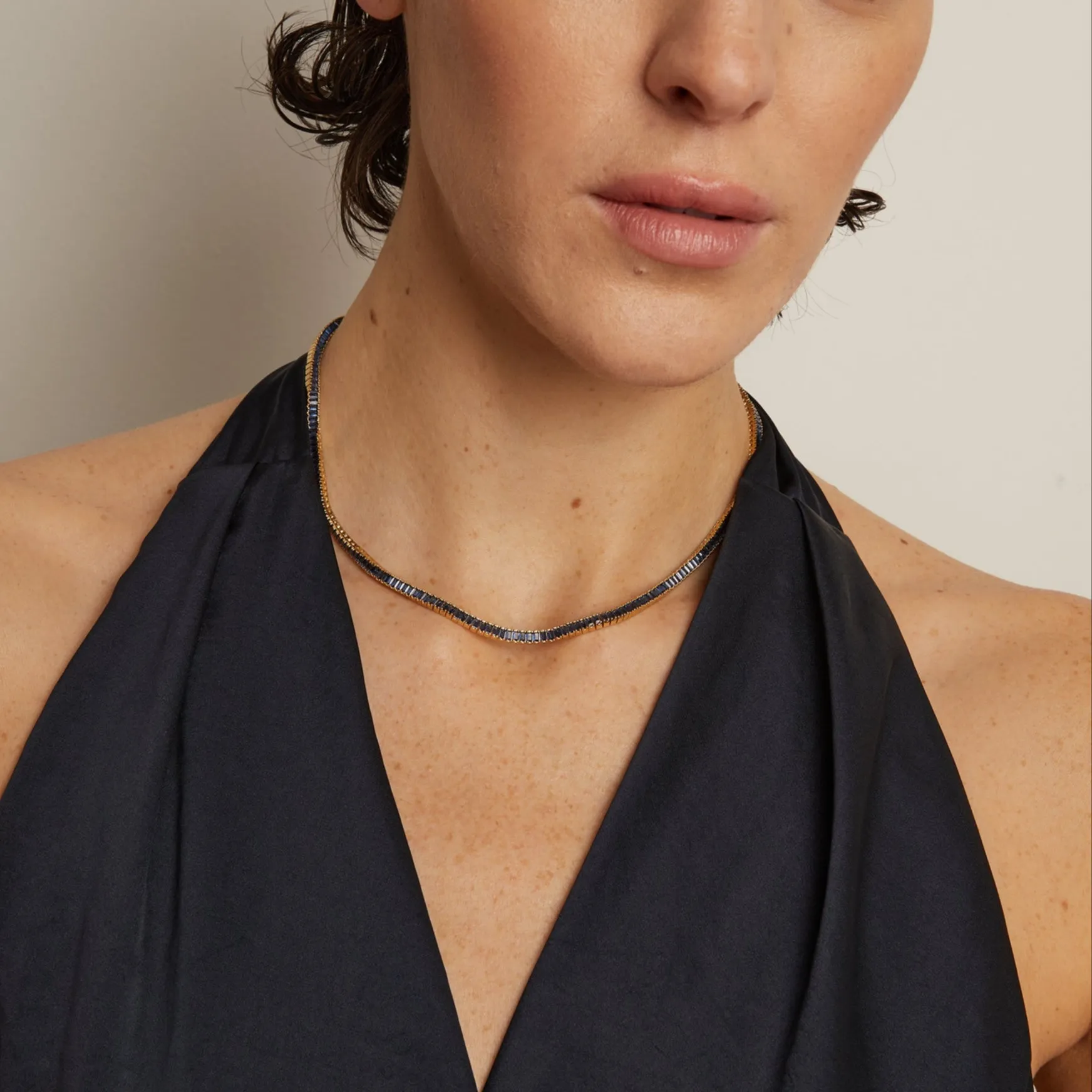 Lab Grown Blue Sapphire Baguette Tennis Necklace sold by Aurate product image thumbnail 5