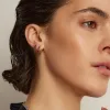 Lab Grown Blue Sapphire Baguette Huggie Earrings sold by Aurate