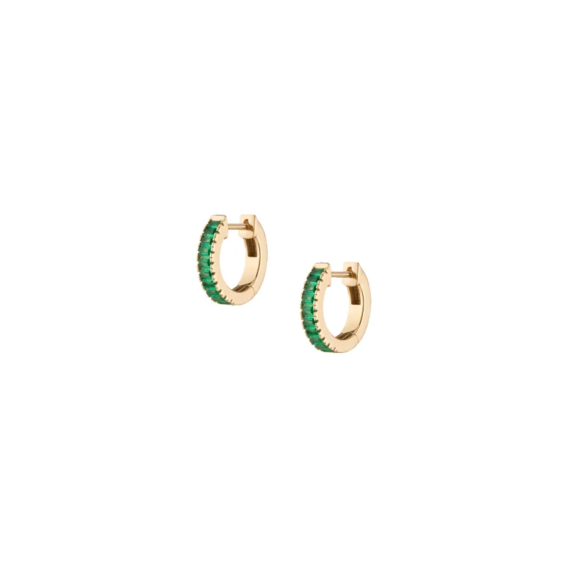 Lab Grown Green Emerald Baguette Huggie Earrings sold by Aurate