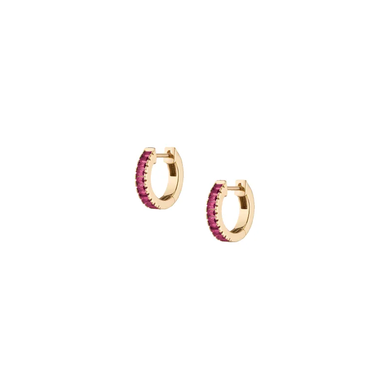 Lab Grown Red Ruby Baguette Huggie Earrings sold by Aurate