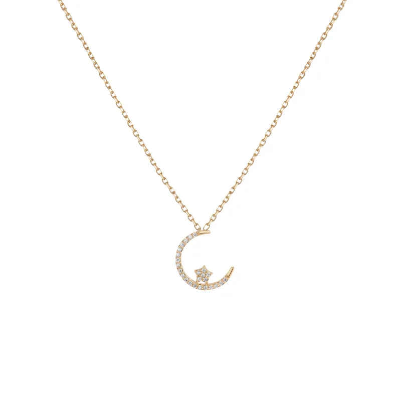 Lab Grown Diamond Crescent Moon and Star Necklace sold by Aurate