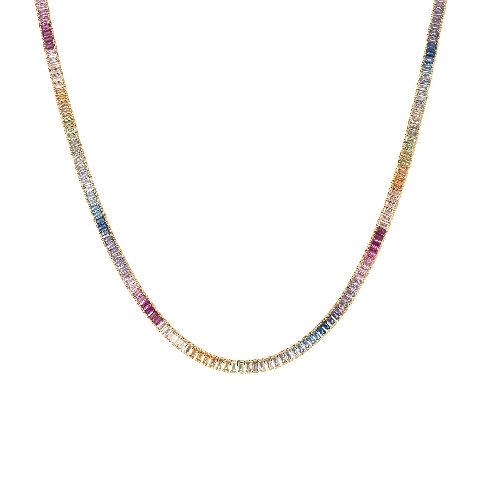 Ombré Rainbow Baguette Tennis Necklace sold by Aurate