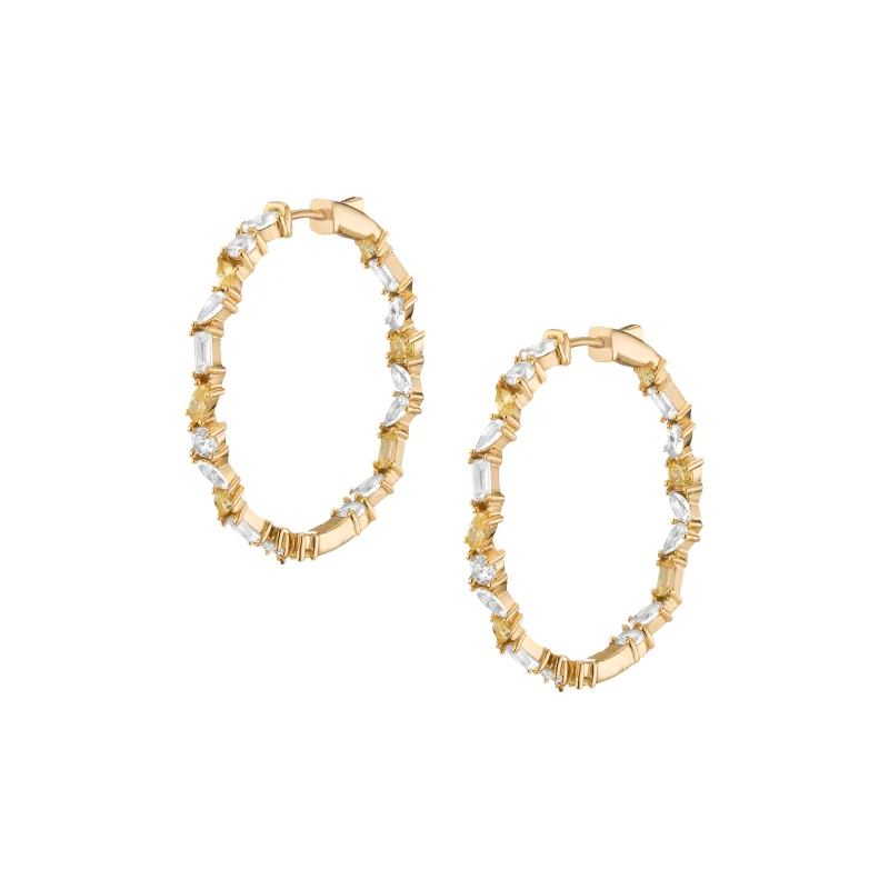 Lab Grown White Sapphire and Canary Mixed Shape Hoop Earrings sold by Aurate
