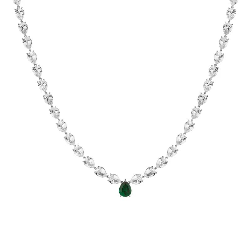 Lab Grown White Sapphire and Green Emerald Pear Tennis Necklace sold by Aurate