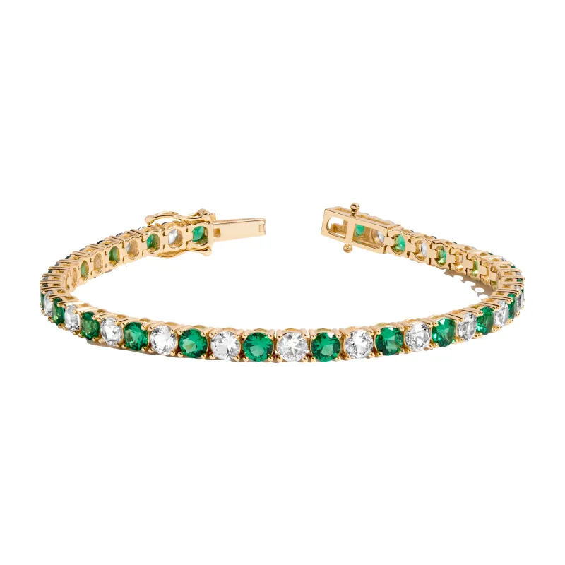 Lab Grown White Sapphire and Green Emerald Alternating Tennis Bracelet sold by Aurate
