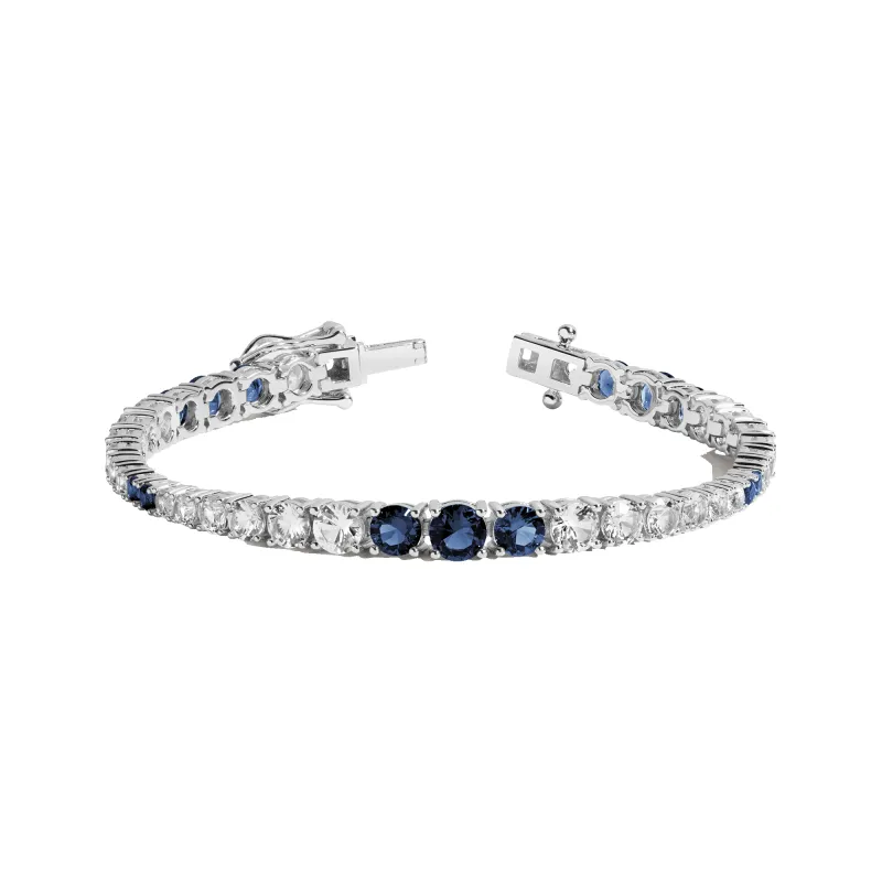 Lab Grown Blue Sapphire and White Sapphire Scalloped Tennis Bracelet sold by Aurate