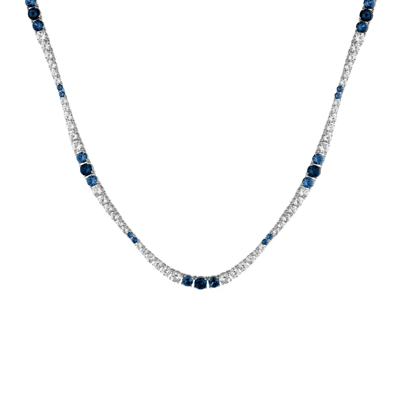 Lab Grown Blue Sapphire and White Sapphire Scalloped Tennis Necklace sold by Aurate