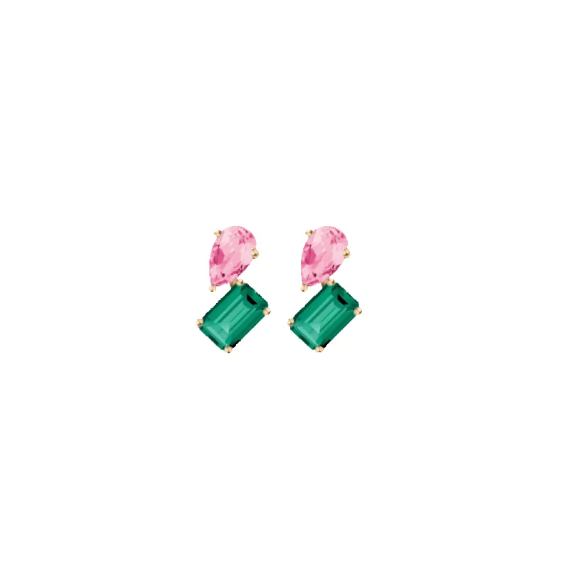 Toi et Moi Gemstone Mini Heirloom Earring  - Green Emerald & Pink Tourmaline sold by Aurate
