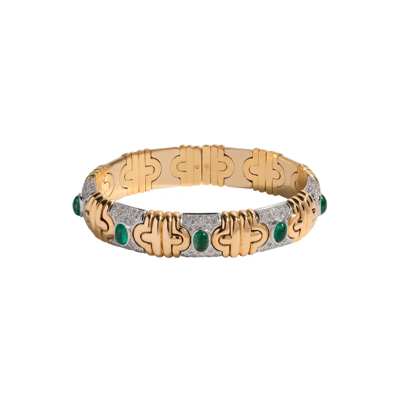 Vintage Diamond and Green Emerald Gold Cuff Bracelet made by Aurate