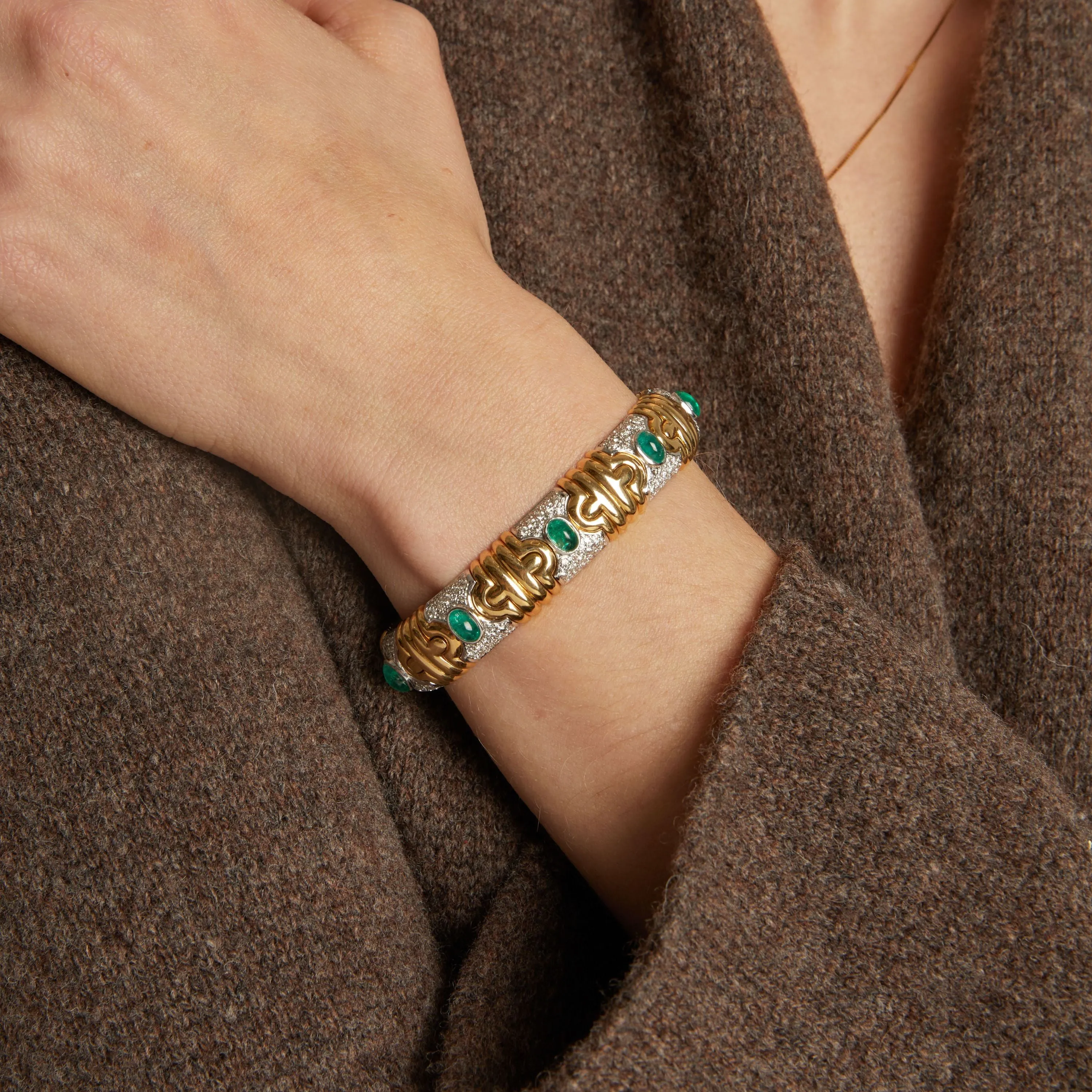 Vintage Diamond and Green Emerald Gold Cuff Bracelet sold by Aurate product image thumbnail 4