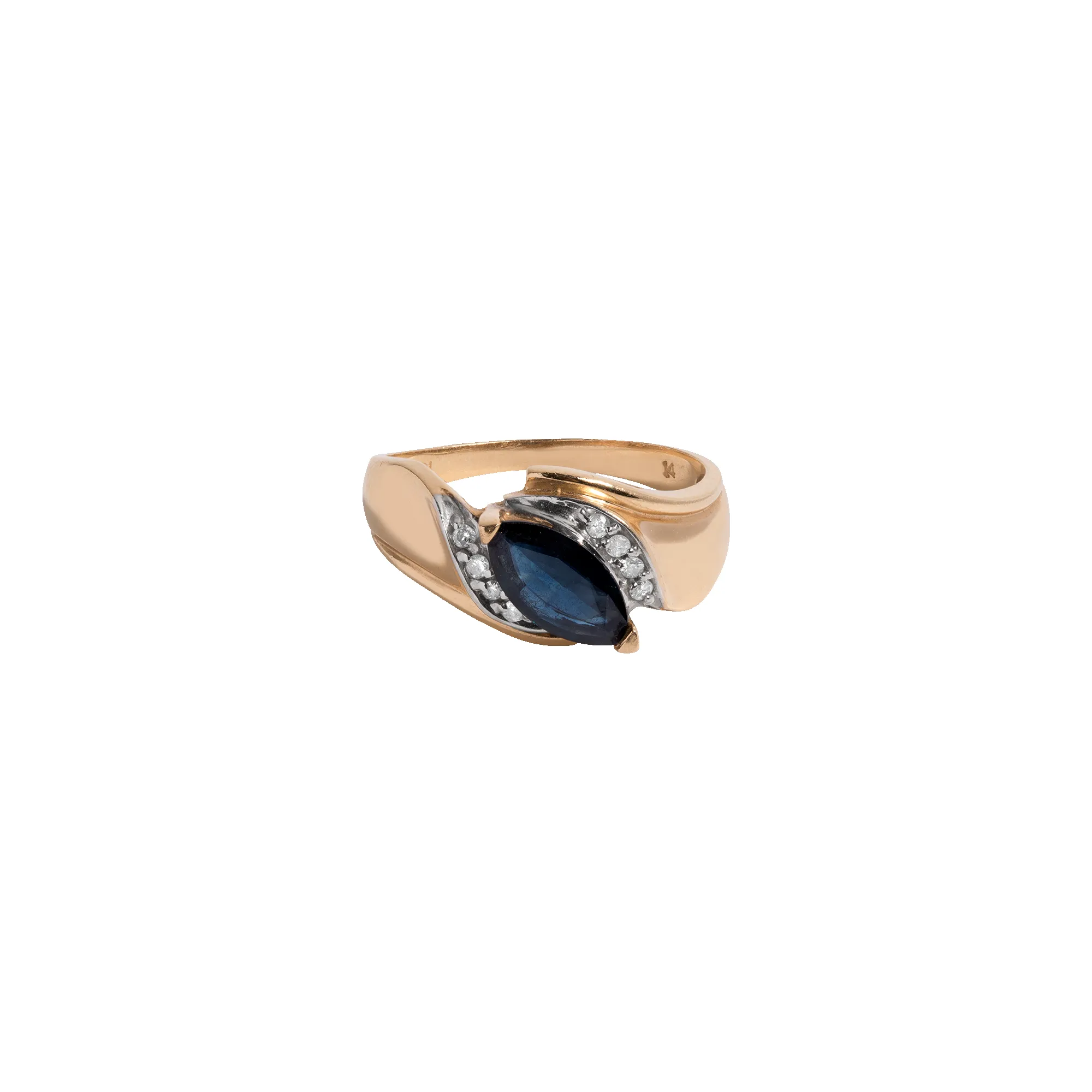 Vintage Marquise Blue Sapphire and Diamond Swirl Ring sold by Aurate