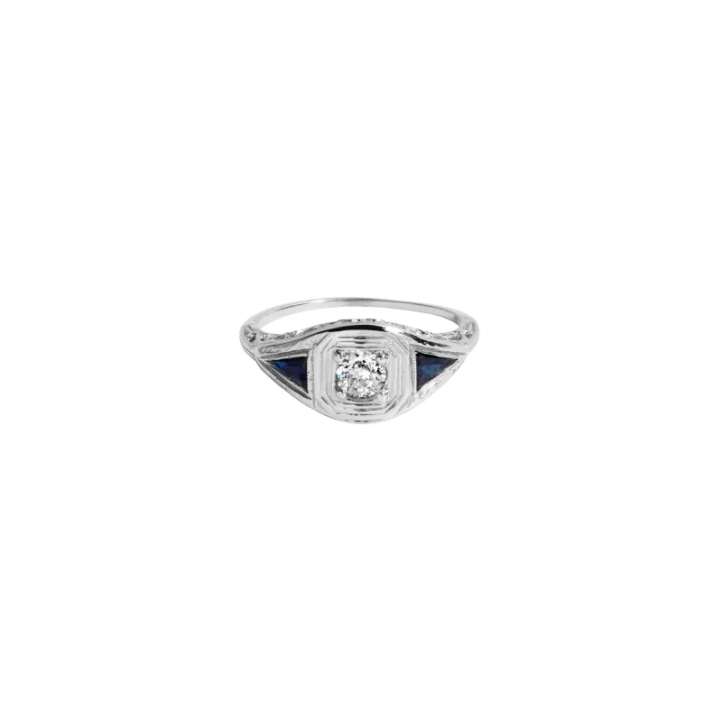 Antique Old European Cut Diamond and Blue Sapphire Ring made by Aurate