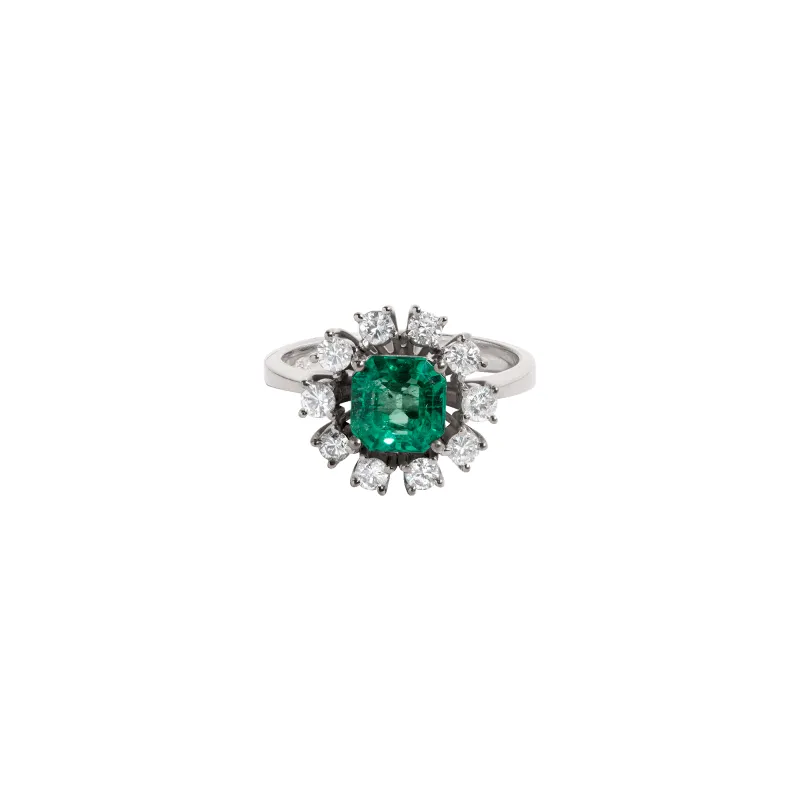 Vintage Asscher Cut Green Emerald and Diamond Ring made by Aurate
