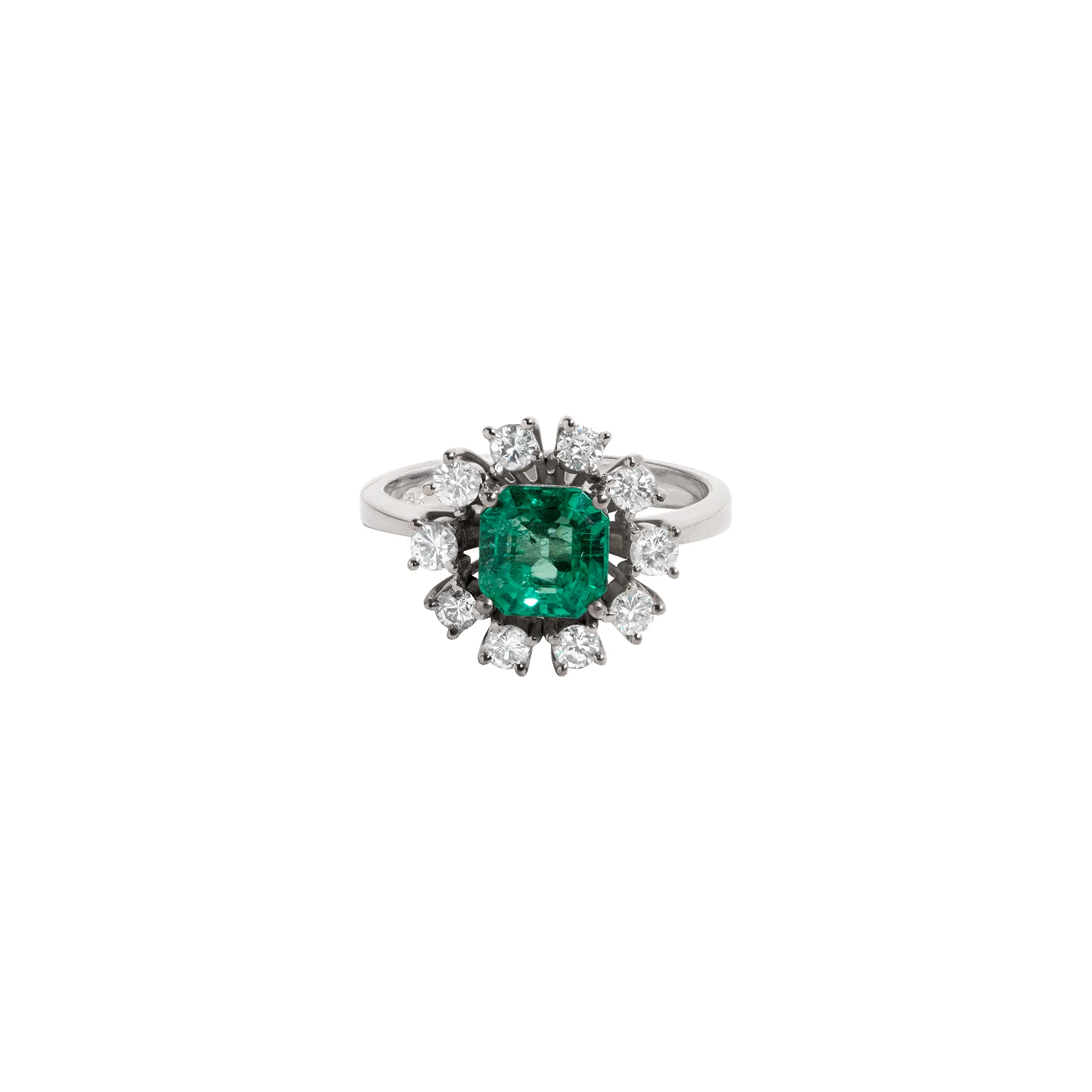 Vintage Asscher Cut Green Emerald and Diamond Ring sold by Aurate