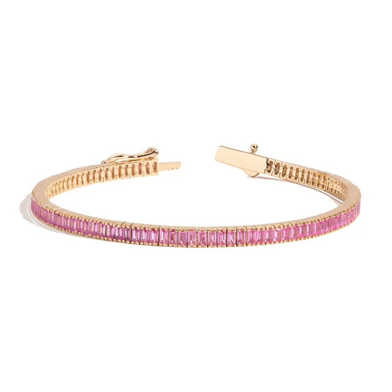 Lab Grown Pink Sapphire Baguette Tennis Bracelet sold by Aurate