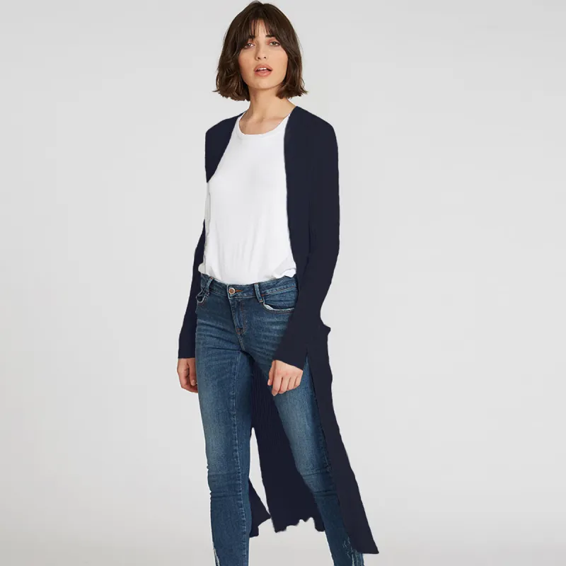 Cotton Rib Drape Maxi Cardigan in Navy sold by Autumn Cashmere