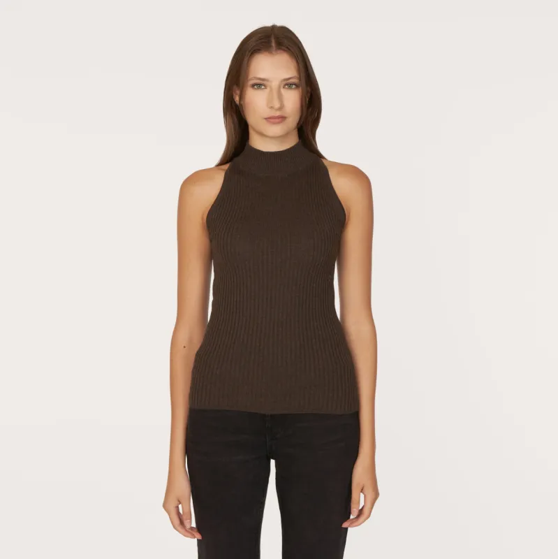 Rib Mock Halter in Pumpernickel sold by Autumn Cashmere