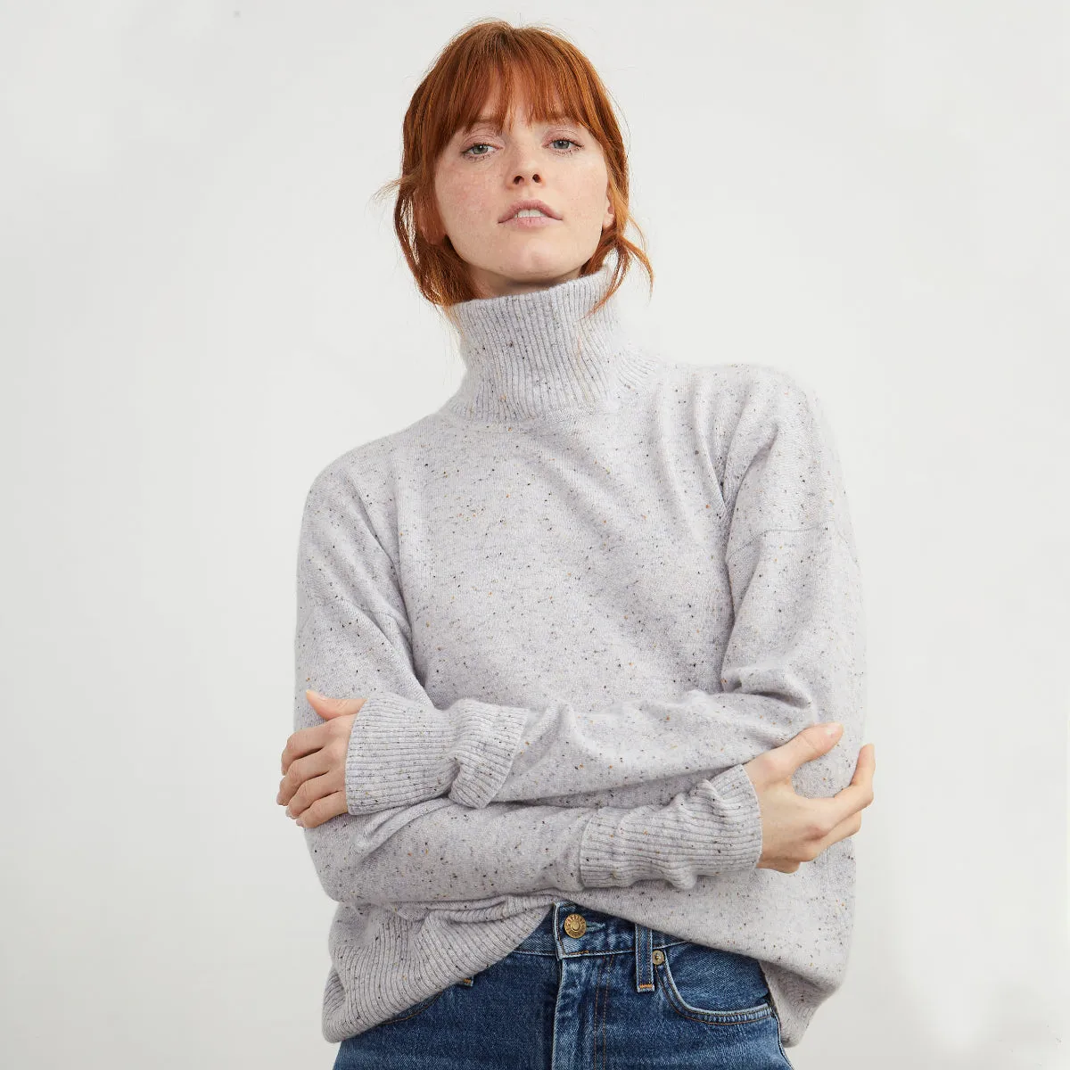 Relaxed Mock with Cuff Detail in Cinder sold by Autumn Cashmere