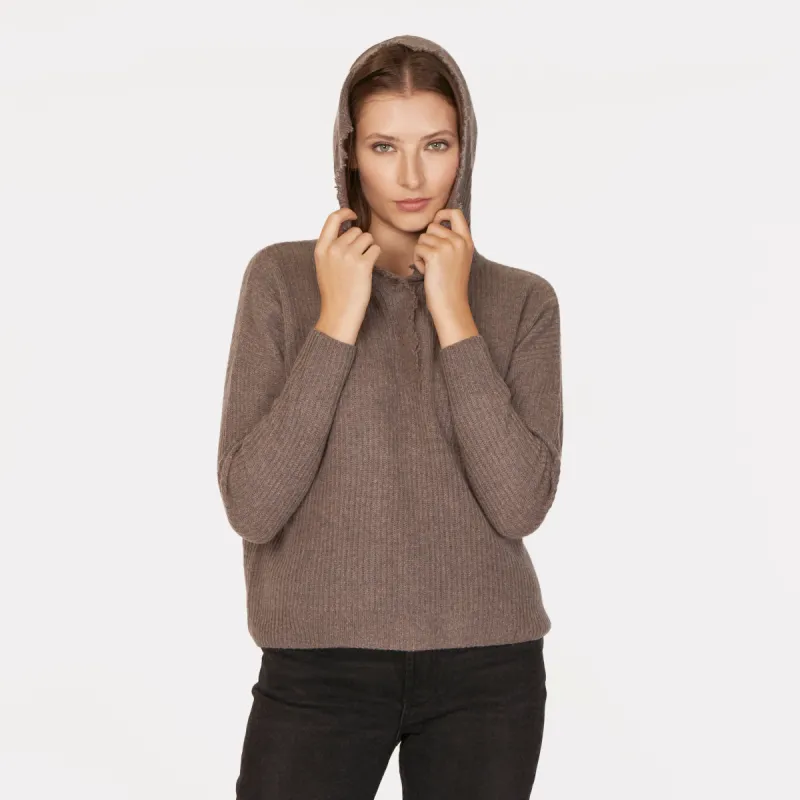 Boxy Shaker Fringe Hoodie W/ Snaps in Mulch made by Autumn Cashmere