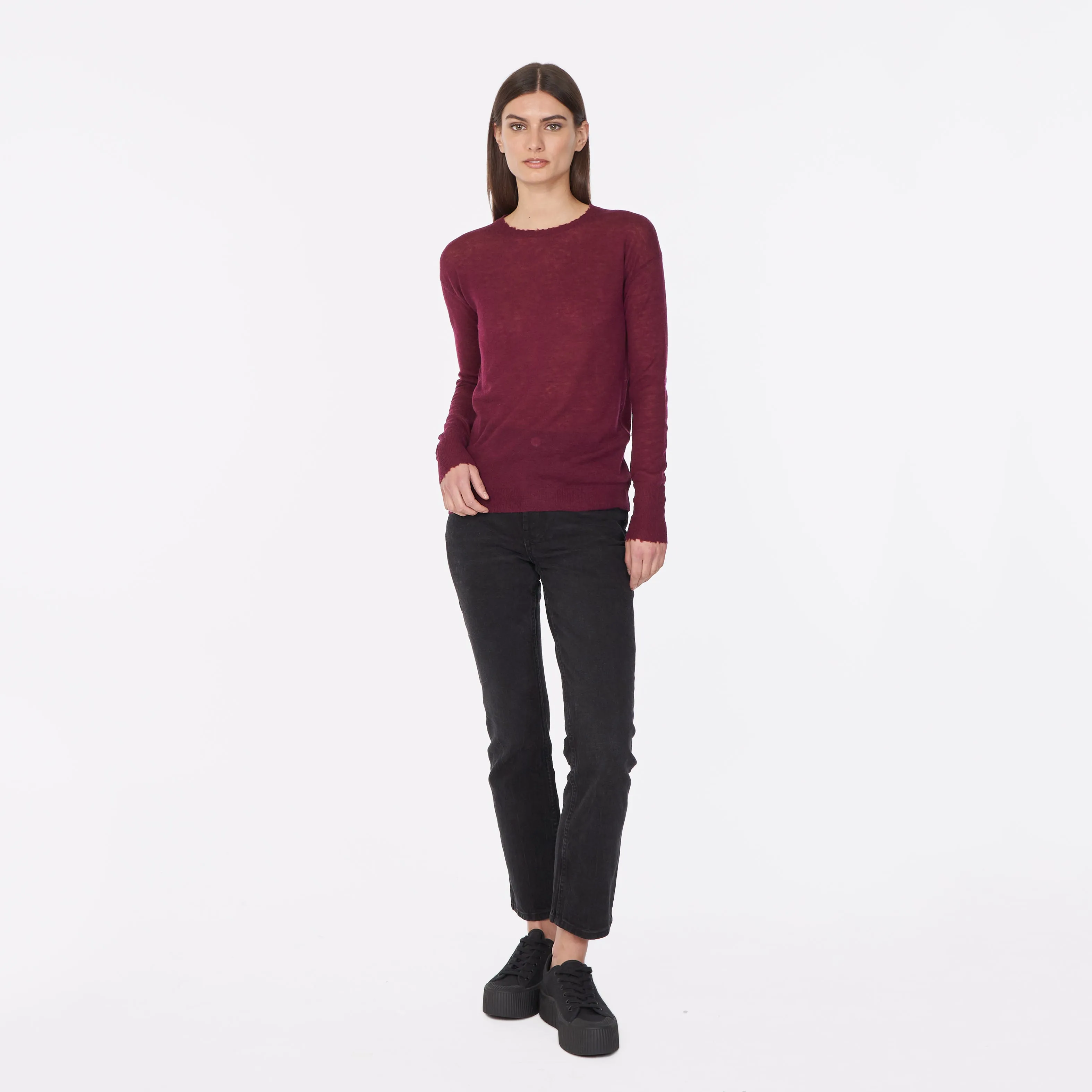 Distressed Sheer Crew in Cranberry sold by Autumn Cashmere product image thumbnail 4