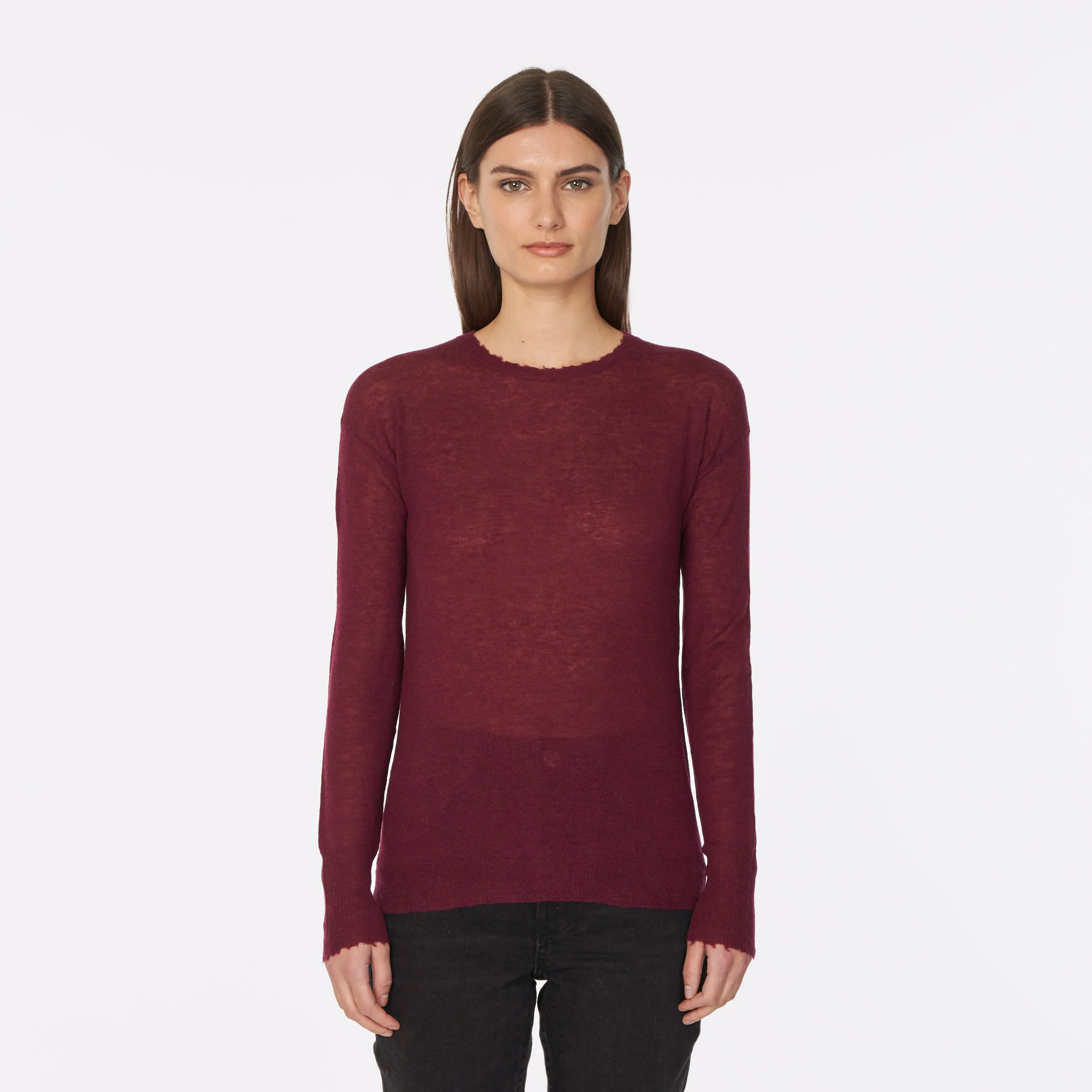 Distressed Sheer Crew in Cranberry sold by Autumn Cashmere