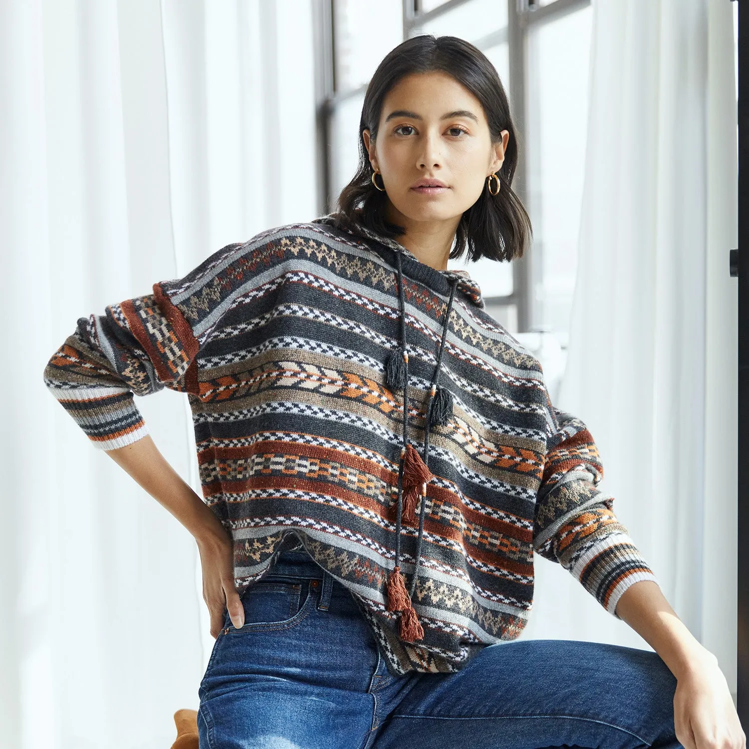 Jacquard Hoodie w/ Tassels sold by Autumn Cashmere