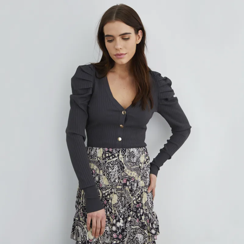 Ribbed Puff Sleeve Cardigan in Charcoal sold by Autumn Cashmere