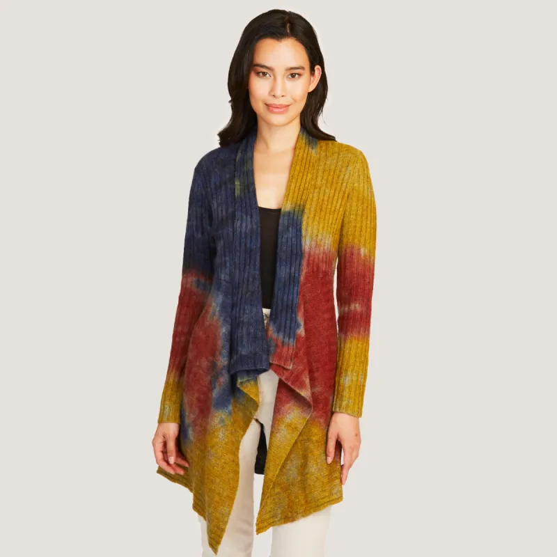 Tie Dye Rib Drape Cashmere Cardigan in Nickel/Peacoat sold by Autumn Cashmere