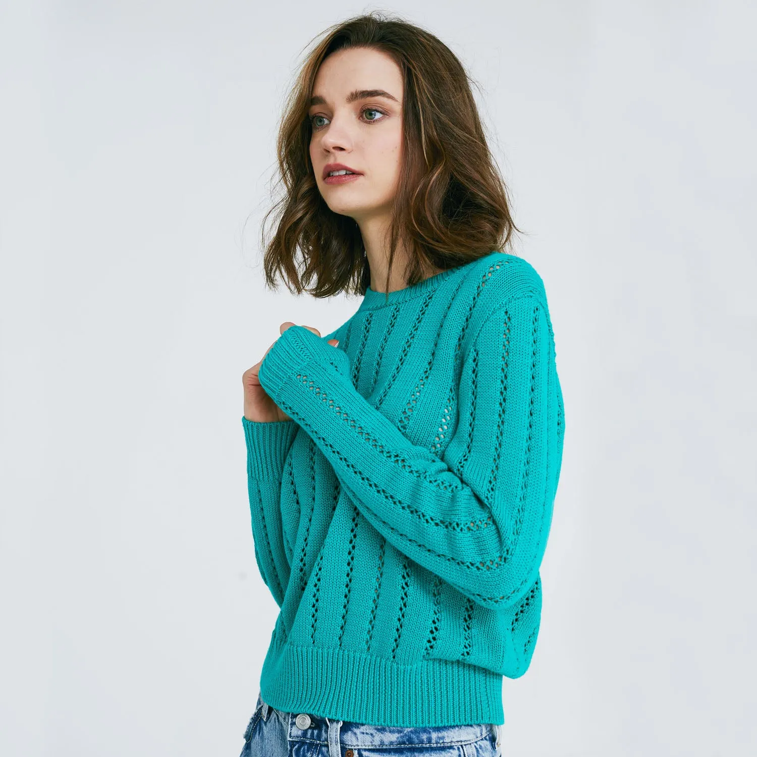 Pointelle Ladder Stitch Crew sold by Autumn Cashmere