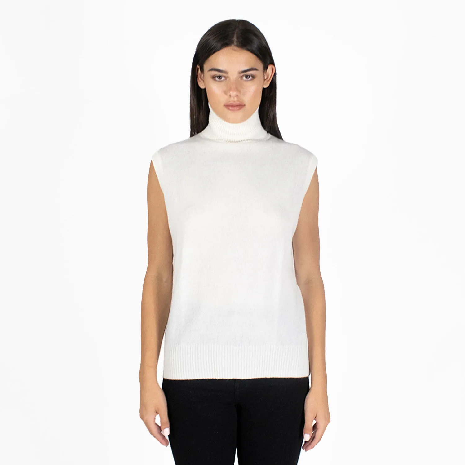 Relaxed Fit Sleeveless Turtleneck in Chalk sold by Autumn Cashmere