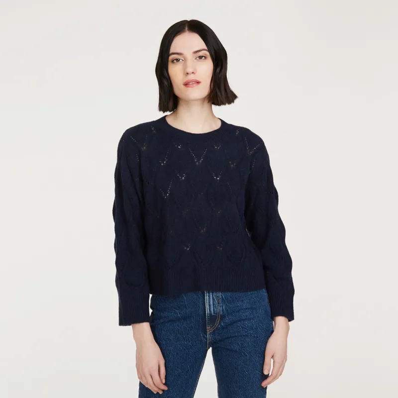 Leaf Pointelle Cropped Boxy Crew in Navy sold by Autumn Cashmere