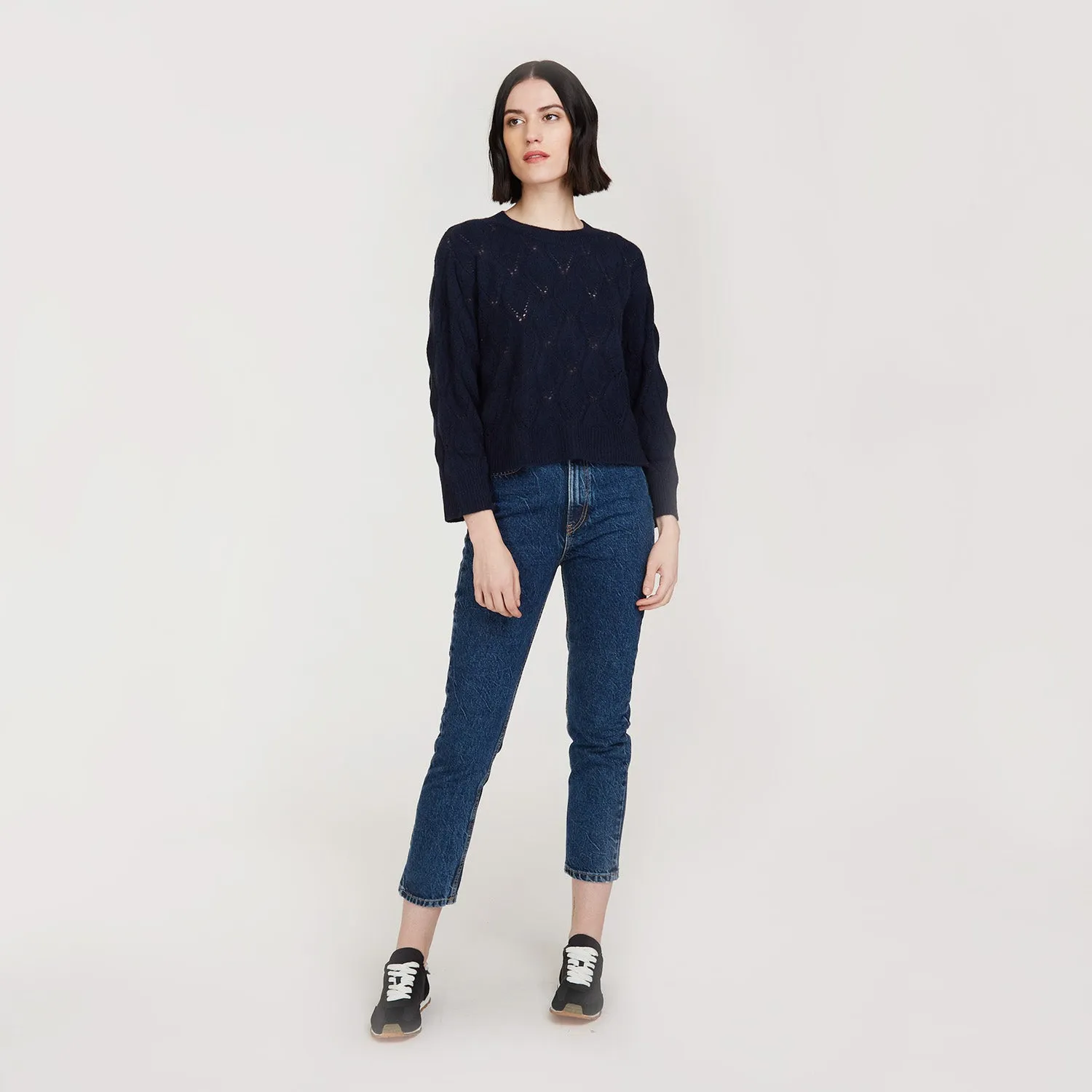 Leaf Pointelle Cropped Boxy Crew in Navy sold by Autumn Cashmere product image thumbnail 5