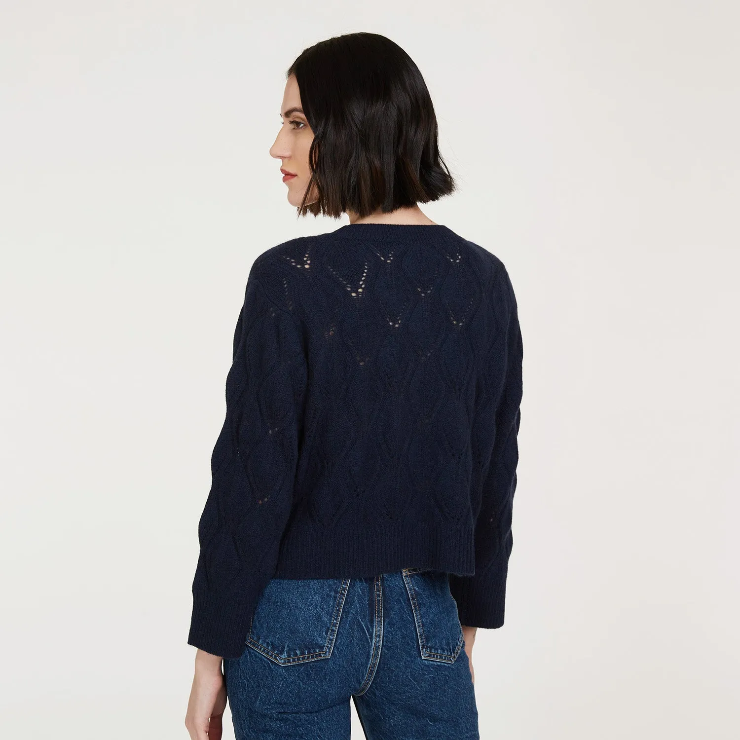 Leaf Pointelle Cropped Boxy Crew in Navy sold by Autumn Cashmere product image thumbnail 3