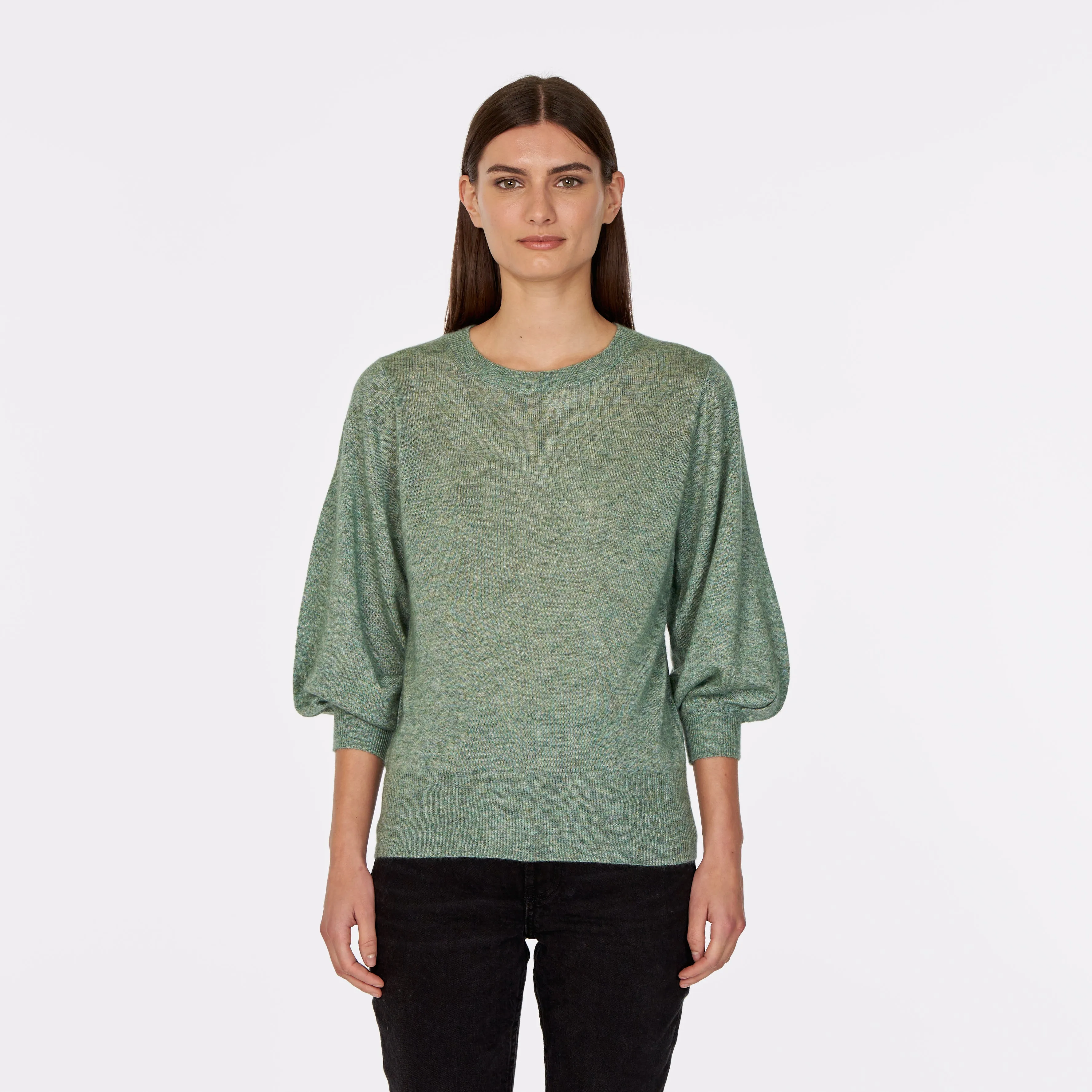 Puff 3/4 Sleeve Crew in Jade sold by Autumn Cashmere