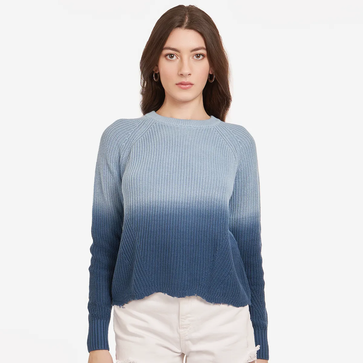 Dip Dye Scallop Shaker Crew in Sky Navy Blue sold by Autumn Cashmere