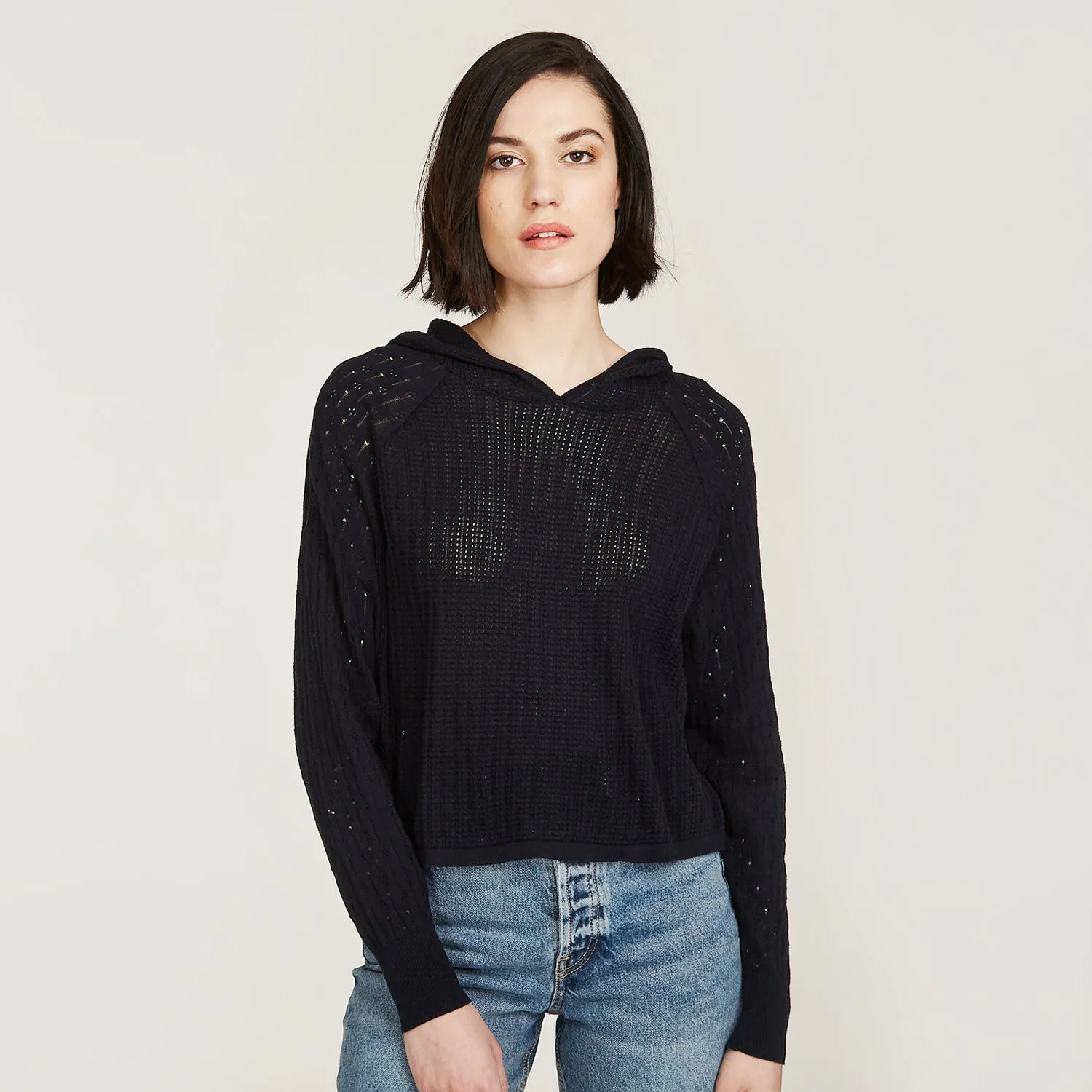 Mixed Stitch Hoodie in Navy Blue sold by Autumn Cashmere