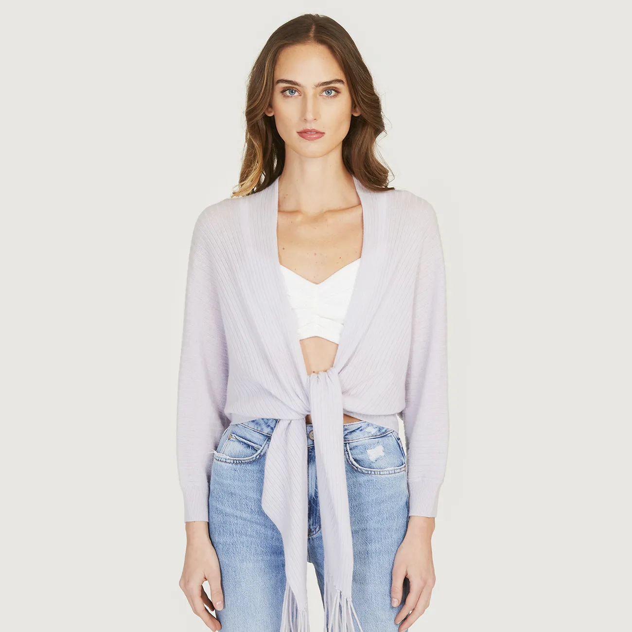 Rib Fringed Tie Front Dolman in Oxygen sold by Autumn Cashmere