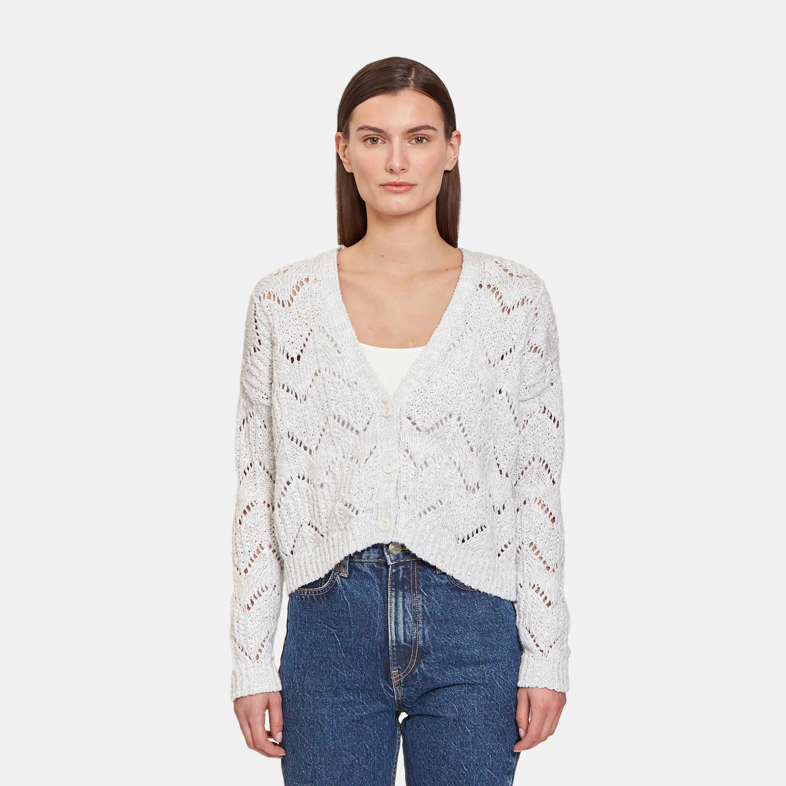 Pointelle Stitch Cardigan w/ Marled Colors in White Combo sold by Autumn Cashmere