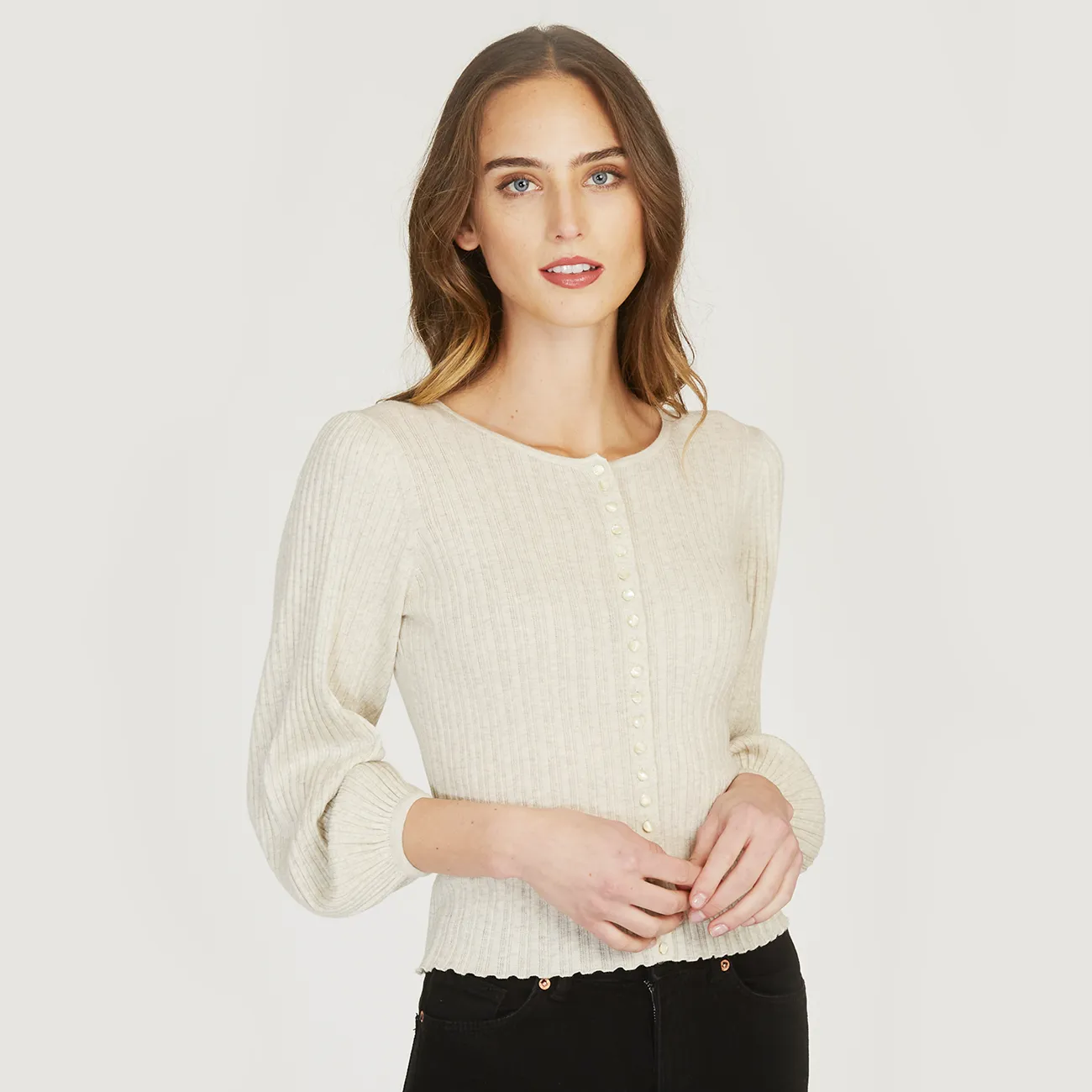 Rib Puff Sleeve Multi Button Cardigan sold by Autumn Cashmere product image thumbnail 2