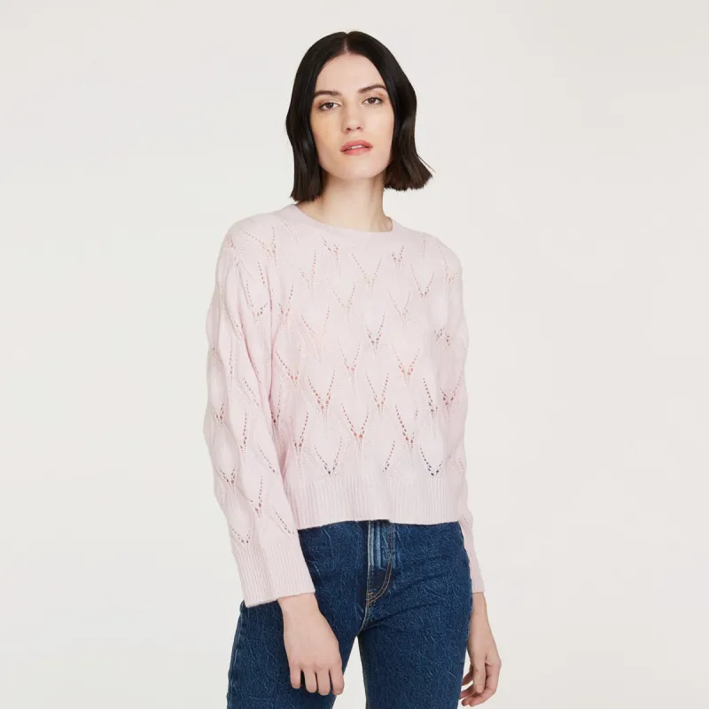 Leaf Pointelle Cropped Boxy Crew in Cherry Blossom sold by Autumn Cashmere