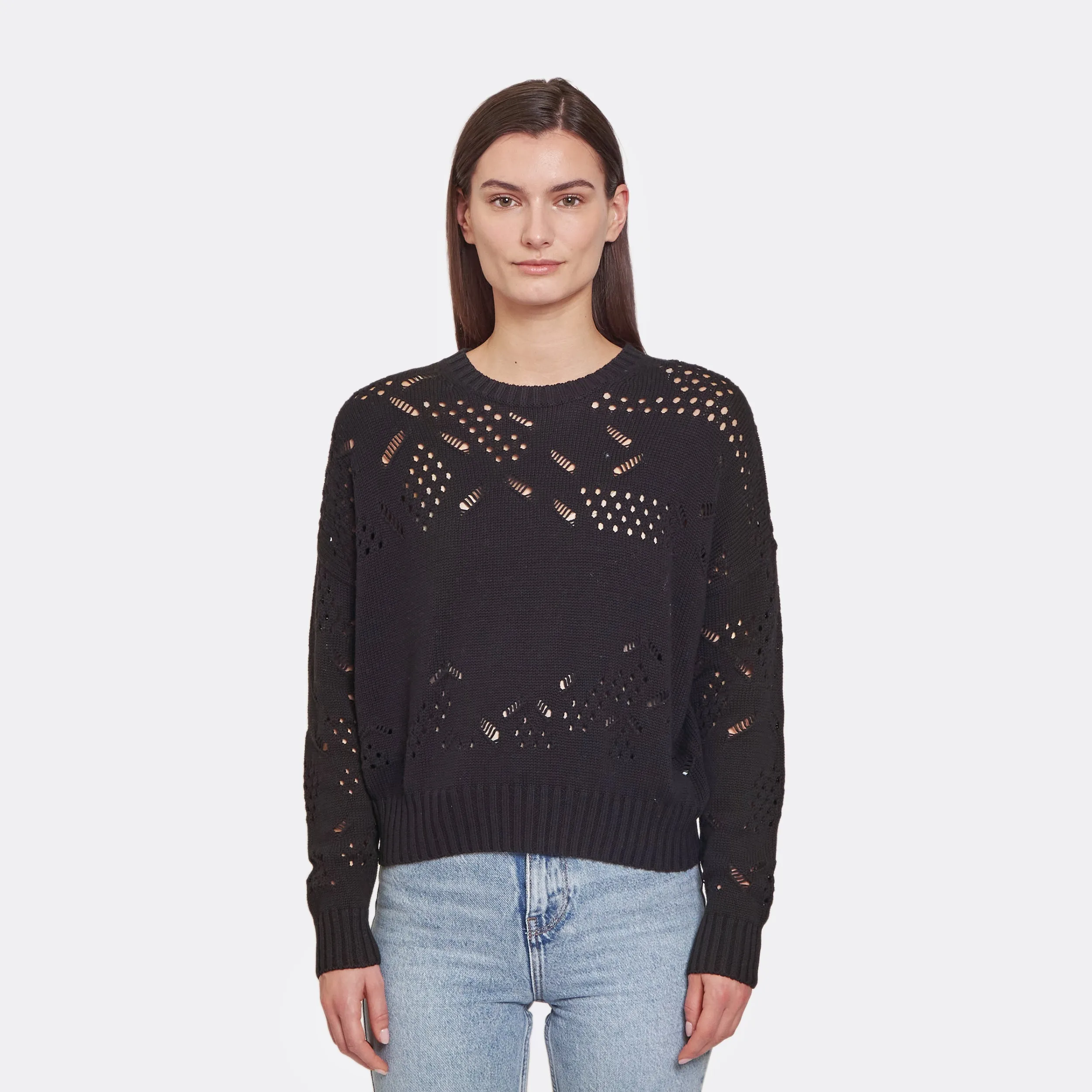 Open Ladder Stitch Boxy Crew in Black sold by Autumn Cashmere