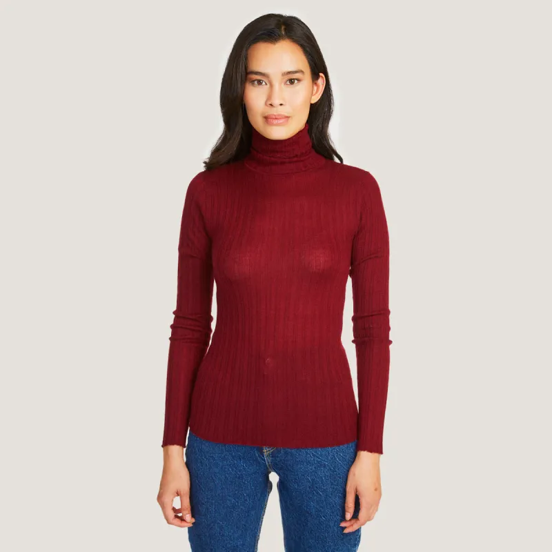 Rib Turtleneck in Merlot sold by Autumn Cashmere