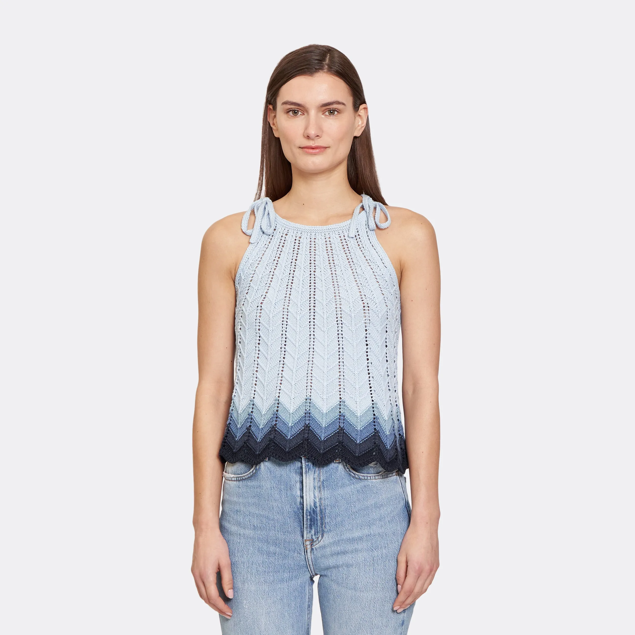 Zig Zag Stitch Flared Halter Tank in Glacier Blues Combo sold by Autumn Cashmere